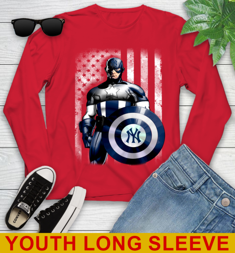 New York Yankees MLB Baseball Captain America Marvel Avengers American Flag Shirt Youth Long Sleeve 11