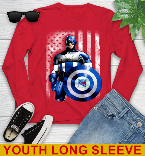 New York Rangers NHL Hockey Captain America Marvel Avengers American Flag Shirt Youth Long Sleeve 11