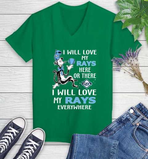 MLB Baseball Tampa Bay Rays I Will Love My Rays Everywhere Dr Seuss Shirt Women's V-Neck T-Shirt 4