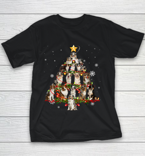 Australian Shepherd Christmas Tree Light Funny Dog Xmas Youth T-Shirt