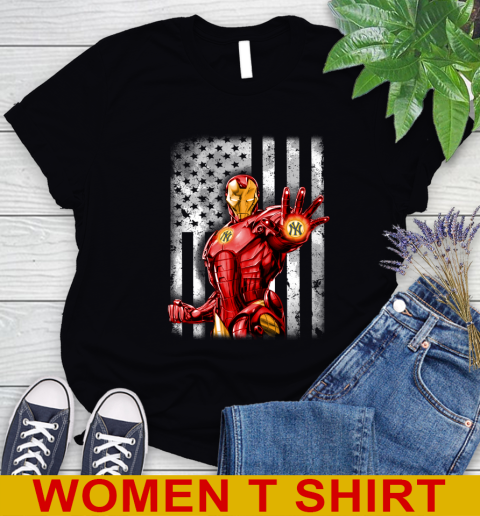 New York Yankees MLB Baseball Iron Man Avengers American Flag Shirt Women's T-Shirt