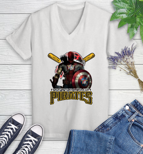 MLB Captain America Thor Spider Man Hawkeye Avengers Endgame Baseball Pittsburgh Pirates Women's V-Neck T-Shirt