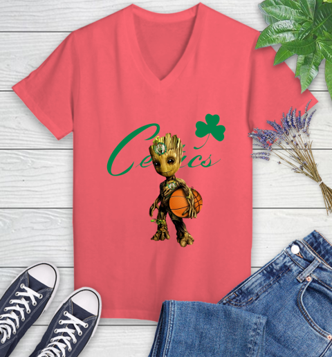 Boston Celtics NBA Basketball Groot Marvel Guardians Of The Galaxy Women's V-Neck T-Shirt 6