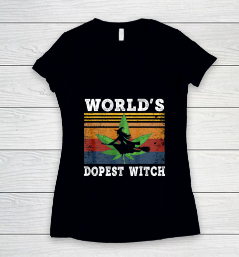 World s Dopest Witch Halloween Weed Retro Vintage Women's V-Neck T-Shirt
