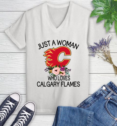 NHL Just A Woman Who Loves Calgary Flames Hockey Sports Women's V-Neck T-Shirt
