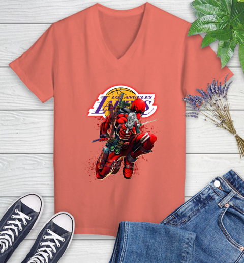 NBA Deadpool Marvel Comics Sports Basketball Los Angeles Lakers Women's V-Neck T-Shirt 6