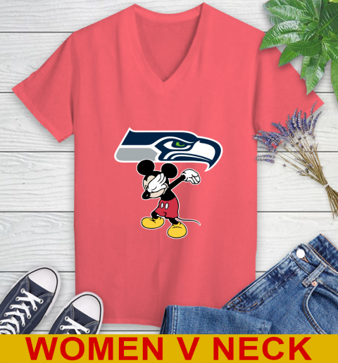 Seattle Seahawks NFL Football Dabbing Mickey Disney Sports Women's V-Neck T-Shirt 7