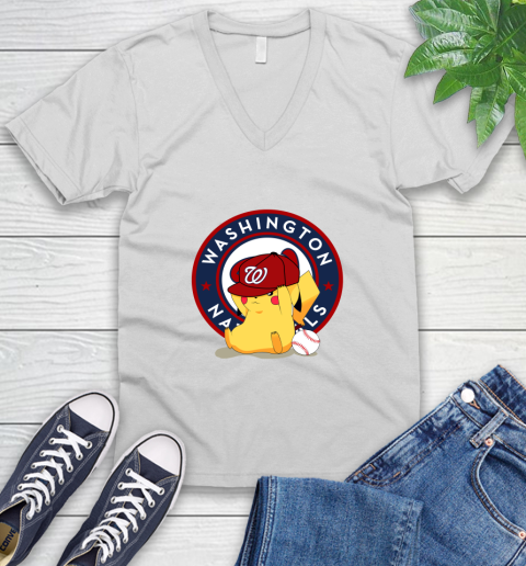 MLB Pikachu Baseball Sports Washington Nationals V-Neck T-Shirt