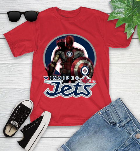 NHL Captain America Thor Spider Man Hawkeye Avengers Endgame Hockey Winnipeg Jets Youth T-Shirt 10