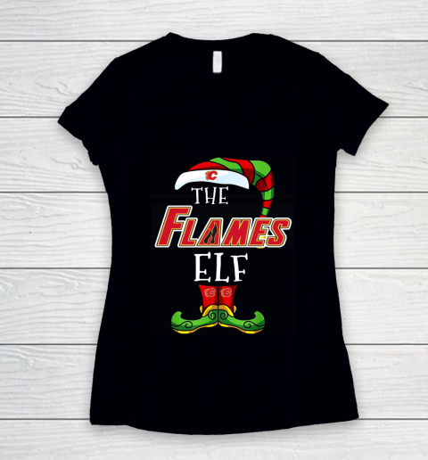 Calgary Flames Christmas ELF Funny NHL Women's V-Neck T-Shirt