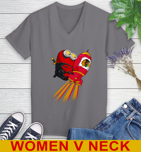 NHL Hockey Chicago Blackhawks Deadpool Minion Marvel Shirt Women's V-Neck T-Shirt 11