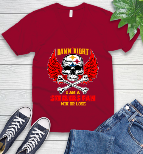 NFL Damn Right I Am A Pittsburgh Steelers Win Or Lose Skull Football Sports V-Neck T-Shirt 7