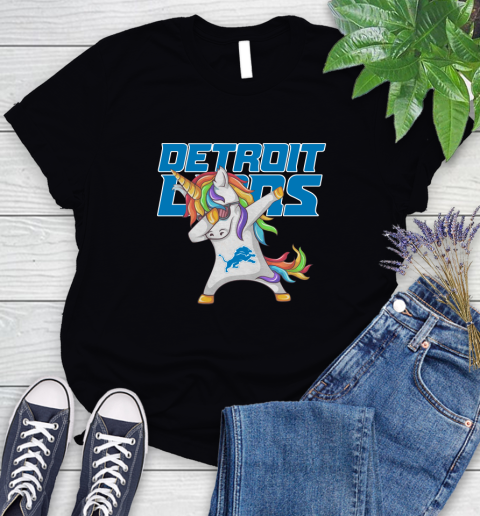 Detroit Lions NFL Football Funny Unicorn Dabbing Sports Women's T-Shirt 2