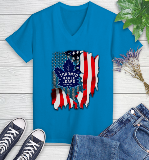 Toronto Maple Leafs NHL Hockey American Flag Women's V-Neck T-Shirt 7