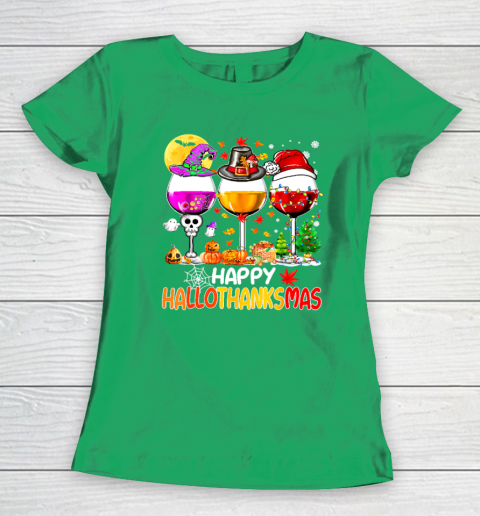 Halloween Thanksgiving Christmas Happy Hallothanksmas Wine Women's T-Shirt 4