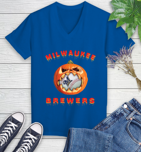 MLB Milwaukee Brewers Halloween Pumpkin Baseball Sports Women's V-Neck T-Shirt 10