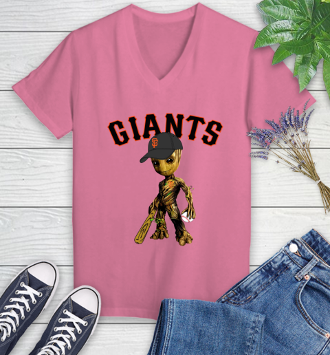 MLB San Francisco Giants Groot Guardians Of The Galaxy Baseball Women's V-Neck T-Shirt 13