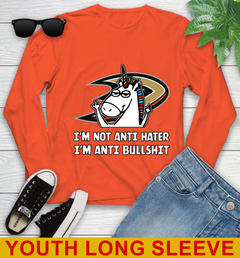 Anaheim Ducks NHL Hockey Unicorn I'm Not Anti Hater I'm Anti Bullshit Youth Long Sleeve 4