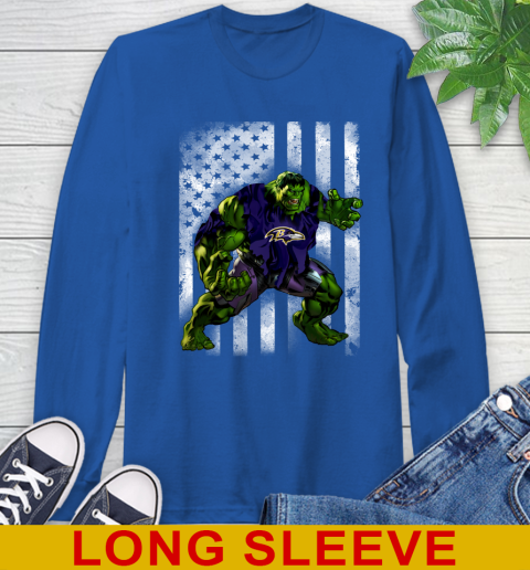 Baltimore Ravens Hulk Marvel Avengers NFL Football American Flag Long Sleeve T-Shirt 11