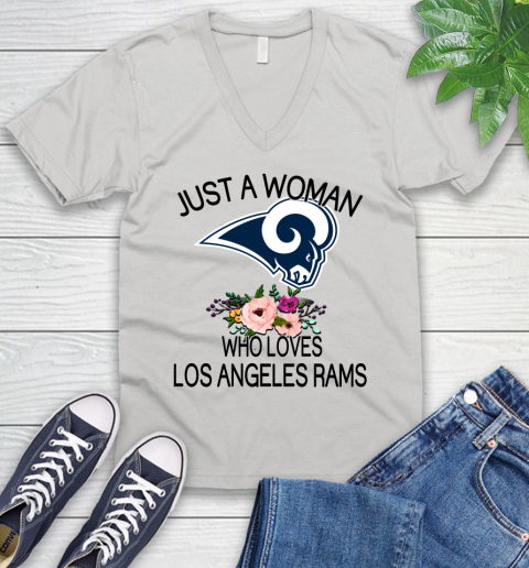 NFL Just A Woman Who Loves Los Angeles Rams Football Sports V-Neck T-Shirt