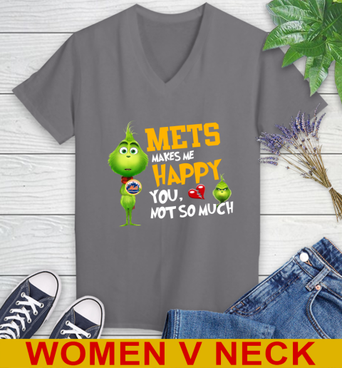 MLB New York Mets Makes Me Happy You Not So Much Grinch Baseball Sports Women's V-Neck T-Shirt 11
