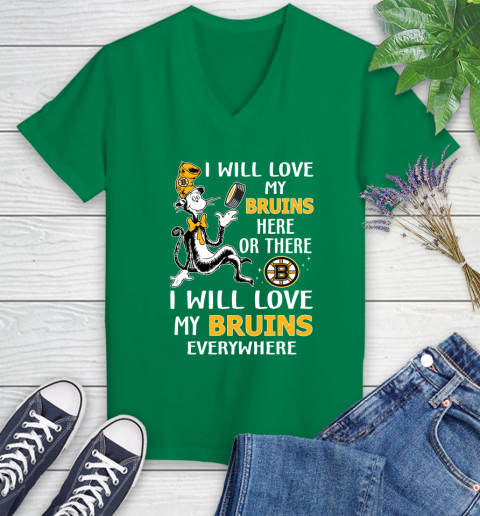NHL Hockey Boston Bruins I Will Love My Bruins Everywhere Dr Seuss Shirt Women's V-Neck T-Shirt 4