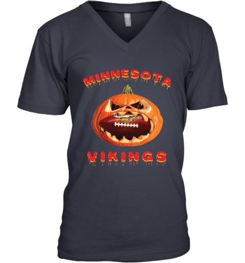 NFL Minnesota Vikings Halloween Pumpkin Football Sports x87MXmZHB3I v neck unisex 8 95 151514 front navy