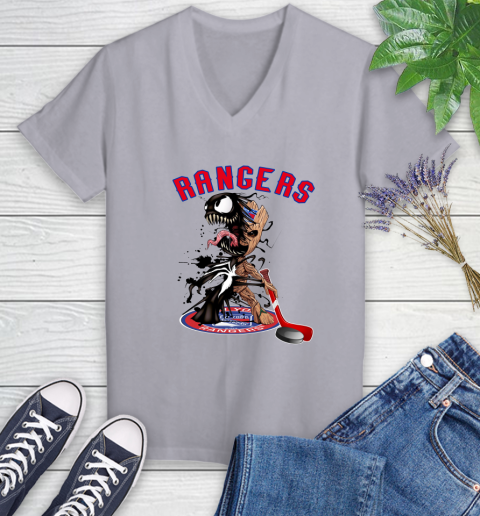 NHL New York Rangers Hockey Venom Groot Guardians Of The Galaxy Women's V-Neck T-Shirt 4