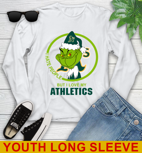 Oakland Athletics MLB Christmas Grinch I Hate People But I Love My Favorite Baseball Team Youth Long Sleeve