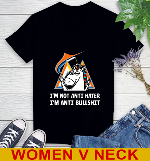 Miami Marlins MLB Baseball Unicorn I'm Not Anti Hater I'm Anti Bullshit Women's V-Neck T-Shirt 2