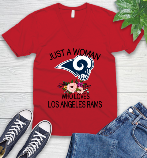 NFL Just A Woman Who Loves Los Angeles Rams Football Sports V-Neck T-Shirt 4