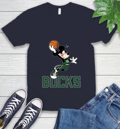 NBA Basketball Milwaukee Bucks Cheerful Mickey Mouse Shirt V-Neck T-Shirt 3