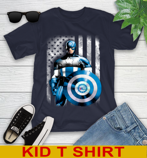 Philadelphia 76ers NBA Basketball Captain America Marvel Avengers American Flag Shirt Youth T-Shirt 2