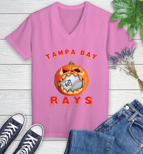 MLB Tampa Bay Rays Halloween Pumpkin Baseball Sports Women's V-Neck T-Shirt 14