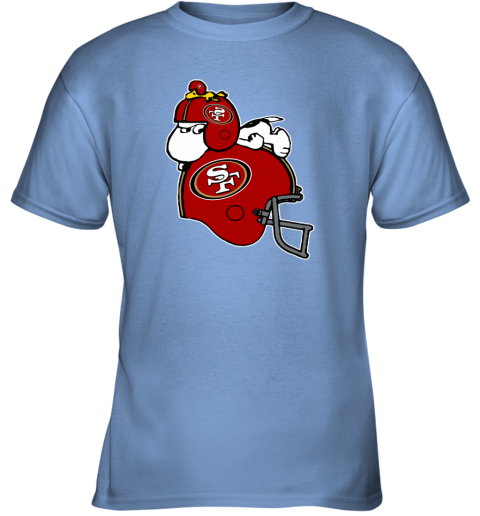 t8tt snoopy and woodstock resting on san francisco 49ers helmet youth t shirt 26 front carolina blue