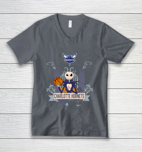 NBA Charlotte Hornets Basketball Jack Skellington Halloween V-Neck T-Shirt 4