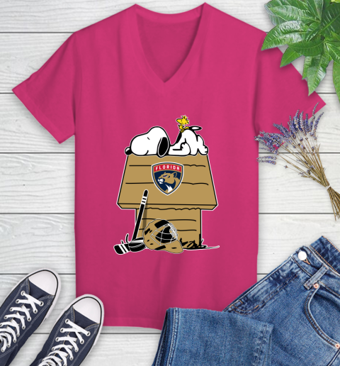 Florida Panthers NHL Hockey Snoopy Woodstock The Peanuts Movie Women's V-Neck T-Shirt 9
