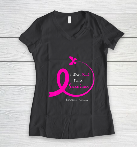 Womens Butterfly I Wear Pink I m A Survivor Breast Cancer Awareness Women's V-Neck T-Shirt 6