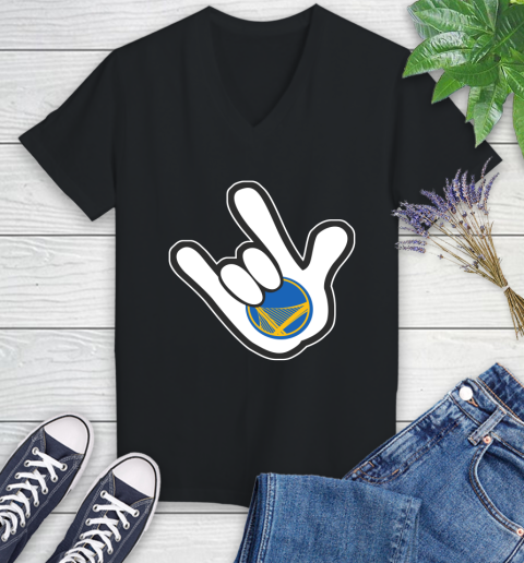 Golden State Warriors NBA Basketball Mickey Rock Hand Disney Women's V-Neck T-Shirt 2