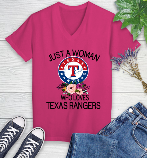 MLB Just A Woman Who Loves Texas Rangers Baseball Sports Women's V-Neck T-Shirt 5