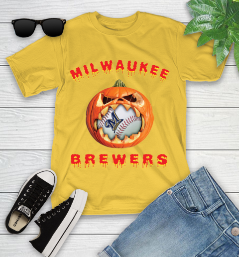 MLB Milwaukee Brewers Halloween Pumpkin Baseball Sports Youth T-Shirt 8