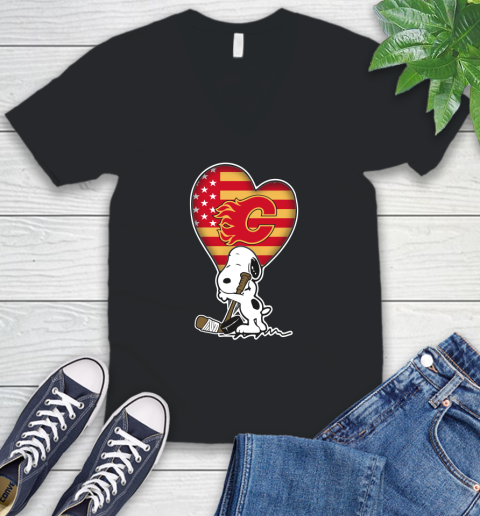 Calgary Flames NHL Hockey The Peanuts Movie Adorable Snoopy V-Neck T-Shirt 2