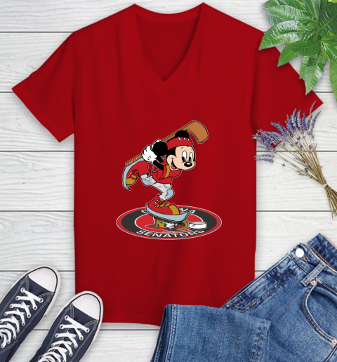 NHL Hockey Ottawa Senator Cheerful Mickey Disney Shirt Women's V-Neck T-Shirt 10