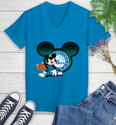 NBA Philadelphia 76ers Mickey Mouse Disney Basketball Women's V-Neck T-Shirt 7
