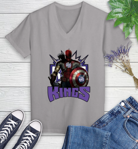 Sacramento Kings NBA Basketball Captain America Thor Spider Man Hawkeye Avengers Women's V-Neck T-Shirt 4