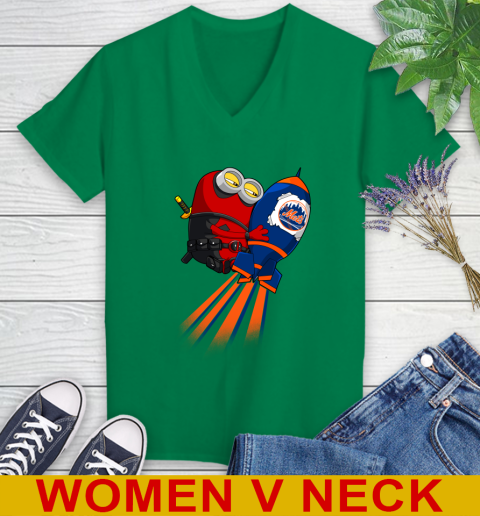 MLB Baseball New York Mets Deadpool Minion Marvel Shirt Women's V-Neck T-Shirt 5