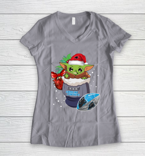 Carolina Panthers Christmas Baby Yoda Star Wars Funny Happy NFL Women's V-Neck T-Shirt 4