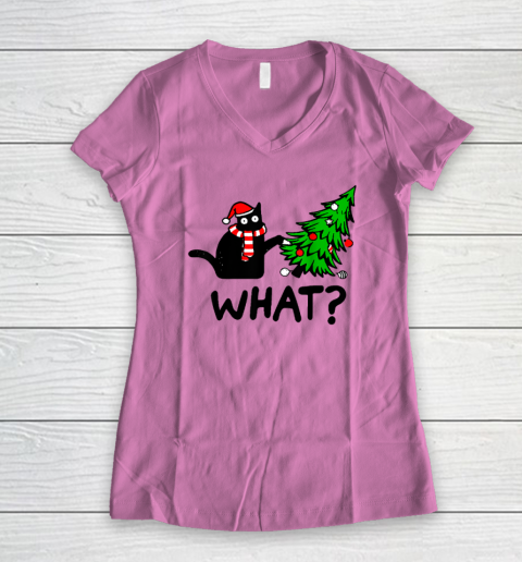 Funny Black Cat Gift Pushing Christmas Tree Over Cat What Women's V-Neck T-Shirt 6