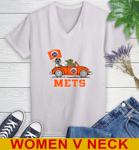 MLB Baseball New York Mets Darth Vader Baby Yoda Driving Star Wars Shirt Women's V-Neck T-Shirt