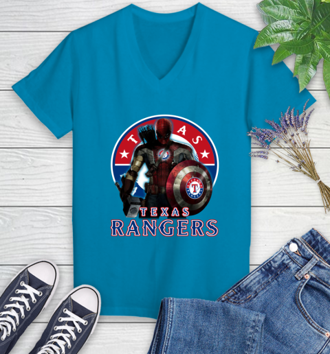 MLB Captain America Thor Spider Man Hawkeye Avengers Endgame Baseball Texas Rangers Women's V-Neck T-Shirt 7